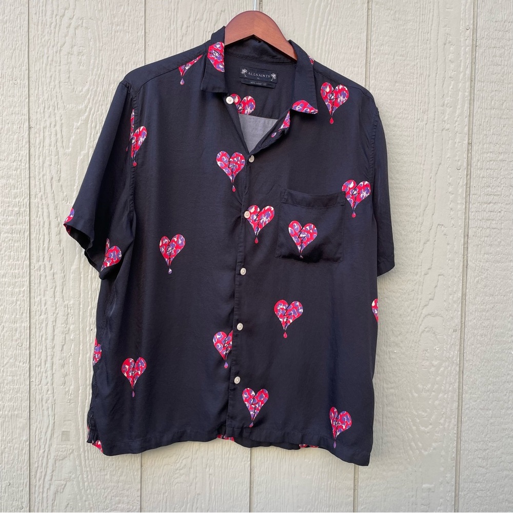 AllSaints Ikuma Breakup Camp Shirt Mens XL Black Relax Fit Allover Broken Heart